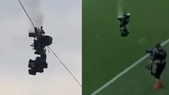 Spidercam stürzt mitten in einem Fußballspiel zu Boden und entgeht knapp einer Katastrophe