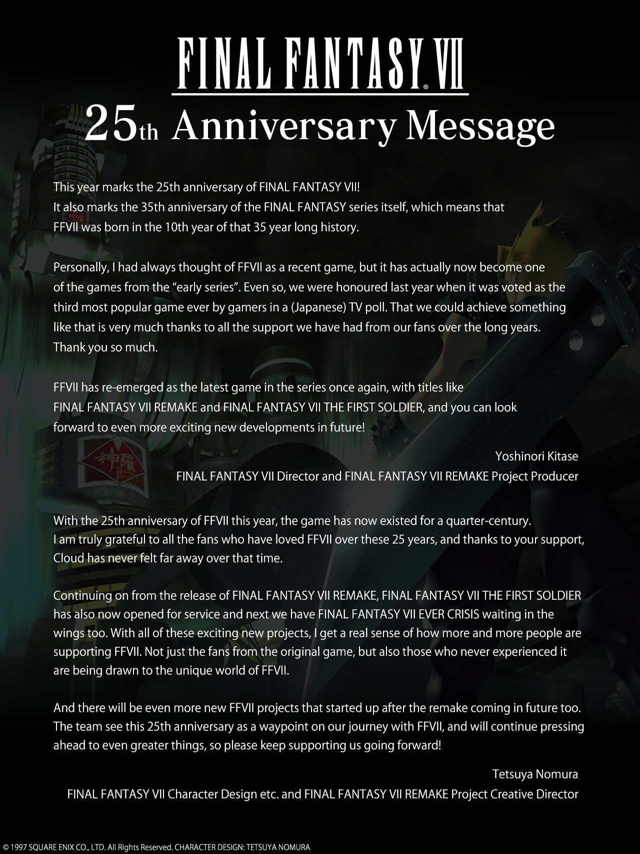 Square Enix bedankt sich bei den Fans für 25 Jahre Unterstützung von Final  Fantasy VII